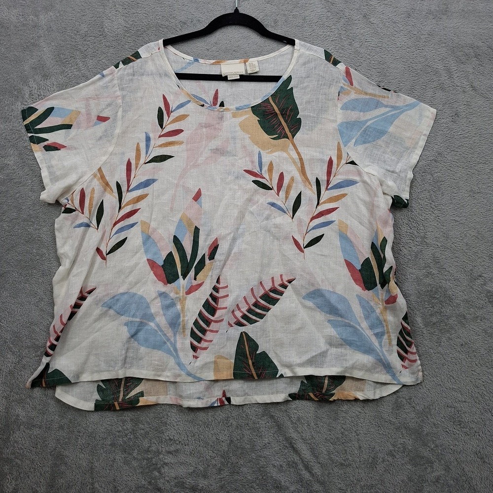 Cynthia Rowley Top Womens 3X White Linen Popover Leaf Print ‎ Beachy Casual
